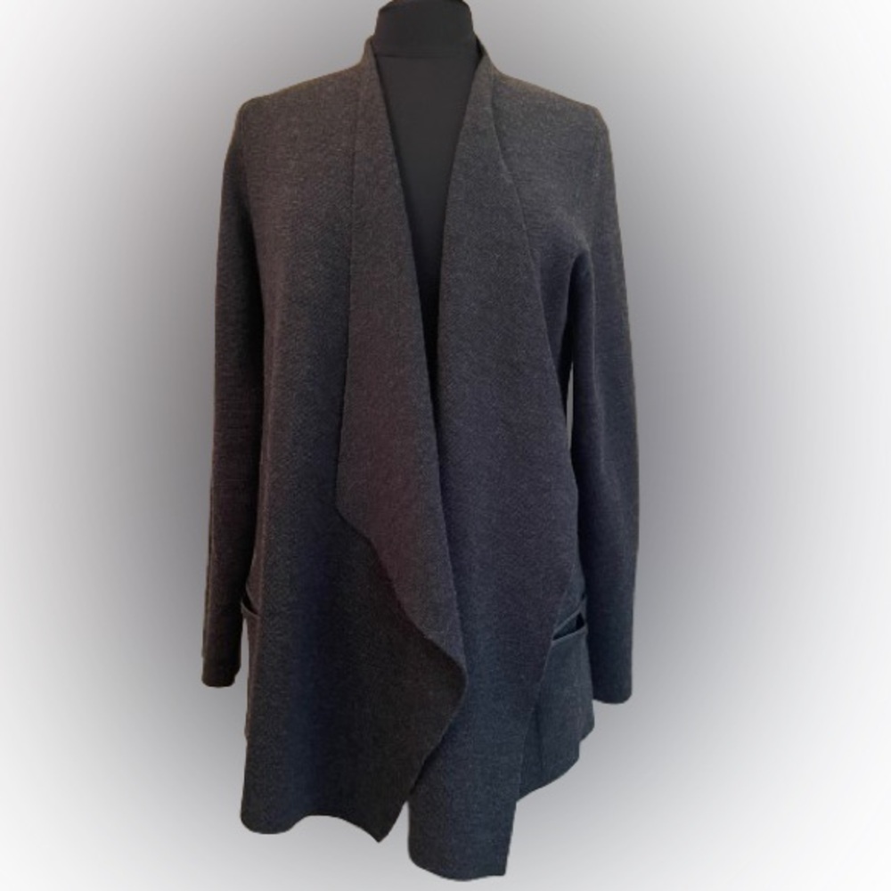 Eileen Fisher Cardigan Merino Wool Leather Trim